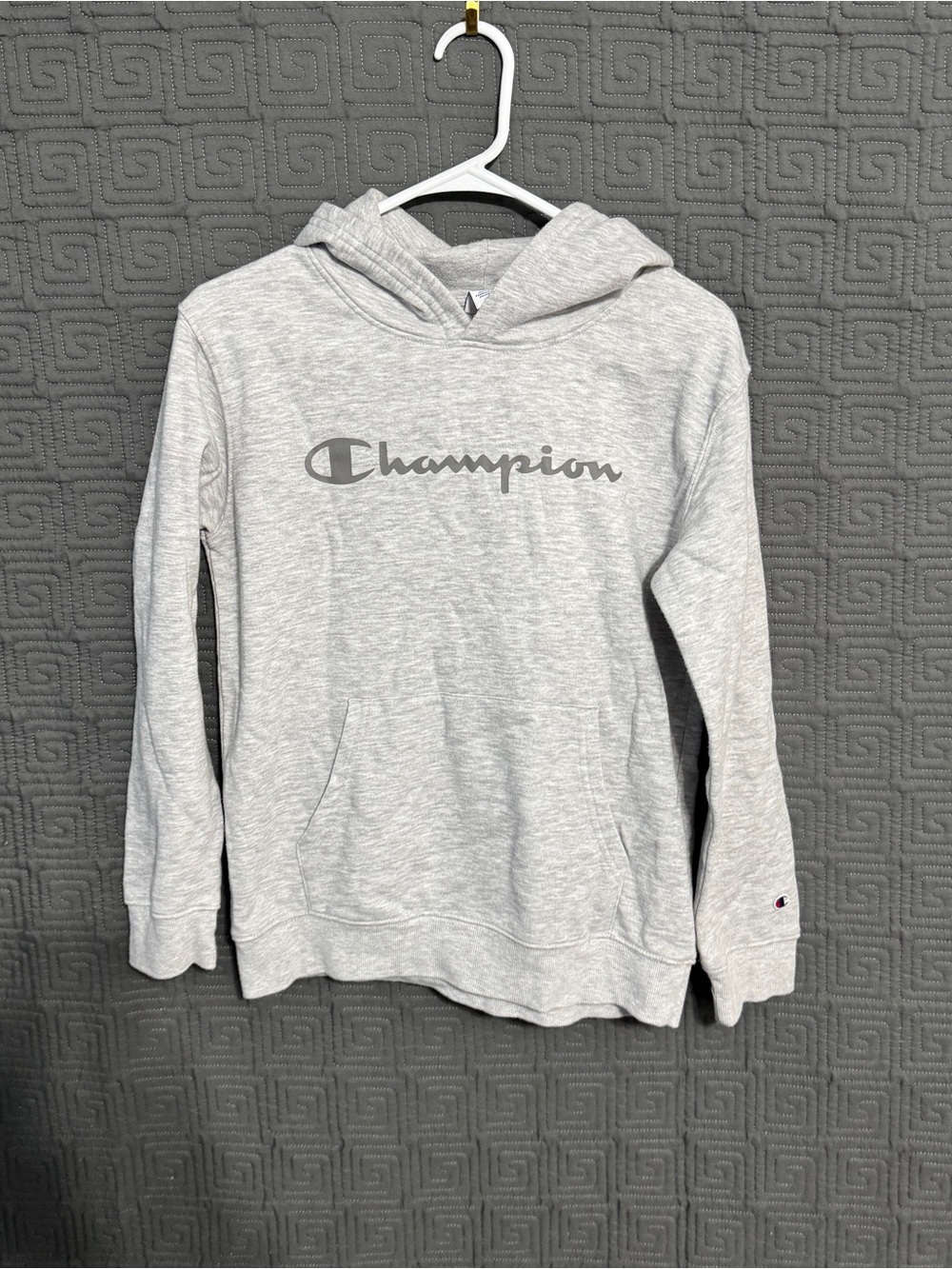 Champion Youth Pullover Hoodie Gray Graphic Script Logo Size L 14/16